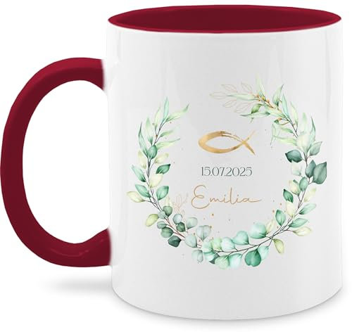 Tasse Tassen 325ml - Geschenk Taufe Fisch Motiv Eukalyptuskranz | Taufgeschenk mit Name und Datum - 325 ml - Bordeauxrot - persönliches kommunion personalisierte konfirmationsgeschenke konfirmation