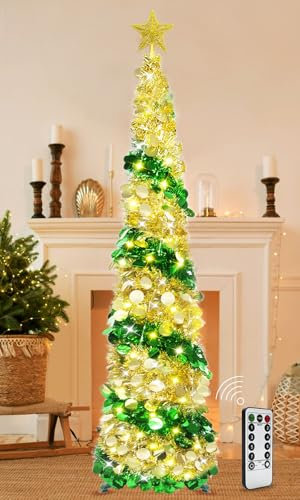 HISFFOG 5FT Pop Up Christmas Tree with 8 Rmote Lights Modes - Dual Color Sequin Tinsel Christmas Tree, Collapsible Artificial Pencil Christmas Trees Decorations for Home, Apartment, Office, Party