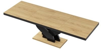 Design Esstisch HEB-111 Eiche Natur/Schwarz Hochglanz ausziehbar 160 cm bis 256 cm Esszimmertisch für bis zu 10 Personen Hochglanz Funktionstisch modern vielseitig Esszimmer erweiterbar zeitlos