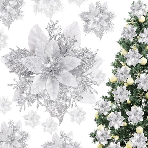 15 Pieces Glitter Poinsettia Christmas Decorations,Artificial Flowers Christmas Tree Ornaments,for New Year Wedding Xmas Wreath Home Party Decor (Silver)