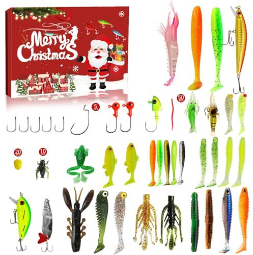 Angelköder-Adventskalender 24 Days Christmas Countdown Fish Tackle Set,Angelköder Christmas Countdown Kalender 2024 Angelzubehör-Adventskalender Für Fischer, Männer, Teenager
