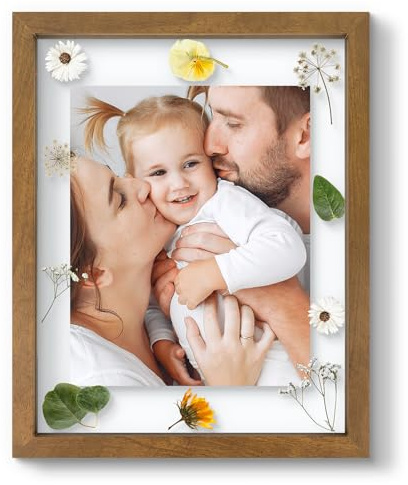 11x14 Floating Picture Frame - Brown Solid Wood Frame for Pressed Flower - Real Glass of Front - Use as 8x10 or 5x7 Picture Frame - for Wall Mount Display (Brown, 1 Pack)