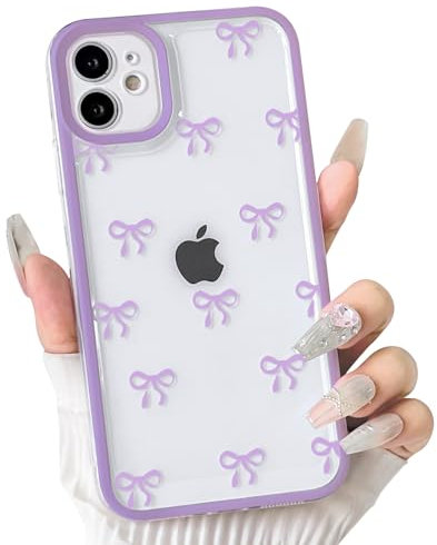 NITITOP Compatible with iPhone 11 Case Cute Clear Purple Durable Ribbon Bowknot Pattern for Girls Women Soft TPU Transparent Full Camera Lens Shockproof Protective Phone Cover - Purple