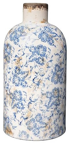 Vase Bouteille Bucolique Fleuri Bleu Blanc Grès 22x11cm