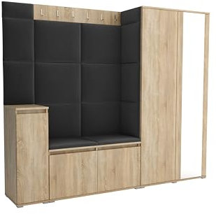 Brent - Garderobenschrank Flur Sonoma Eiche mit sitzbank 220 cm Breit Luton 8 - Multifunktionale Flurgarderobe Set mit Stauraum und Wandpaneel, Garderobe mit Sitzfläche und Kleiderhaken