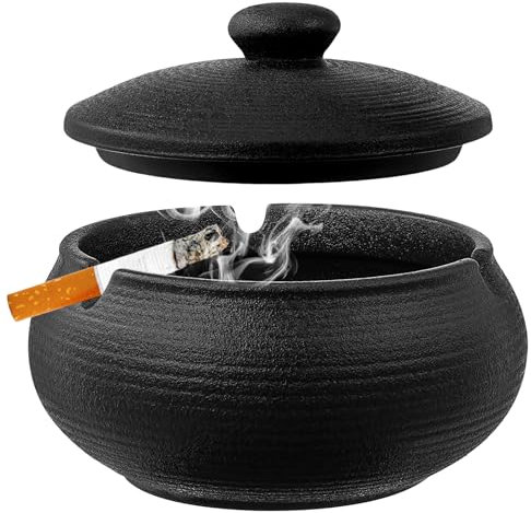 Mexgcom Aschenbecher für Draussen Außenbereich, Winddichter Aschenbecher mit Schwarzer Keramikabdeckung, Ideal für Balkone und Büros, für den Außenbereich