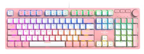 FOXXRAY HKM-95 Tastiera meccanica da gioco cablata, retroilluminata RGB full-size con manopola di controllo multimediale, interruttori Outemu, Plug and Play USB per PC/Mac/Windows, rosa e bianca