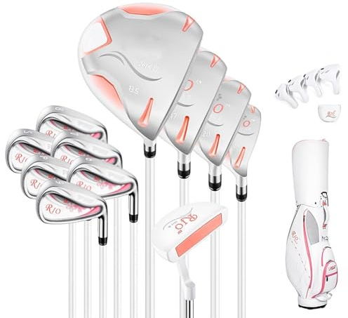 Lady's Complete Golf Club Package Set 11 Piece, Includes Titanium Golf Driver, 3 & #5 Fairway Woods, 4 Hybrid, 6 9ps Irons, Putter and Ladies Golf Bag
