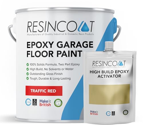 Resincoat Epoxy Garage Floor Paint – 2-Part Resin Coating for Concrete Floors – 4x Thicker & Longer Lasting Than Standard Paint – High Gloss – Easy to Mix & Apply – Made in UK - Traffic Red - 1kg