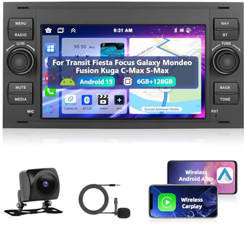 6+128G Motorsi Carplay Radio de Coche para Ford Transit/Fiesta/Focus/Galaxy/Mondeo/Fusion/Kuga/C-MAX/S-MAX con Android Auto, Car Stereo con Navi/WiFi/FM/RDS/SWC/Canbus/Bluetooth/EQ+Cámara AHD+Mic