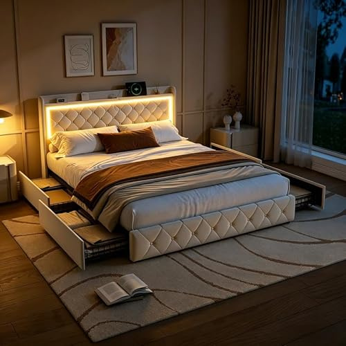 QMTXBYJ Polsterbett Doppelbett 140x200 mit LED-Beleuchtung und USB Ladestation, Bett 140x200 mit Bettkasten und Lattenrost, Jugendbett Stauraumbett mit 4 Schubladen und Staufach-Kopfteil,Samt