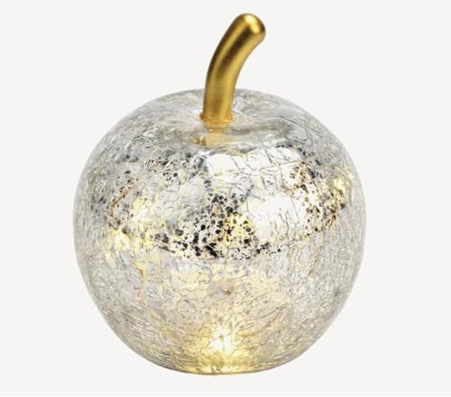 Seyila Home Dekorative Glas Apfel Leuchte mit LED Beleuchtung und Timer (unten), Crackle-Effekt Glas, Goldener Stiel, Weihnachtsdeko, Lampe (Silber, 27 cm)