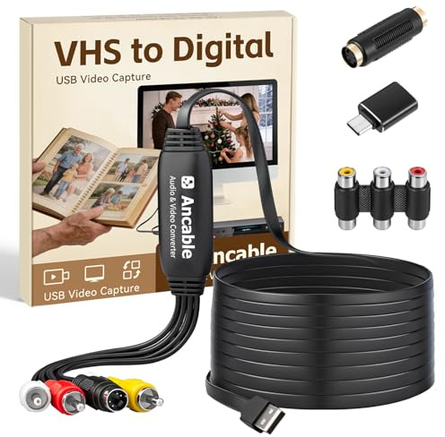 Convertisseur VHS vers numérique de 1,8 m, carte de capture vidéo pour Mac/Windows, préserve les vieux souvenirs de famille de VCR VHS Hi8 MiniDV, USB 2.0 RCA vers USB avec adaptateur S-vidéo et USB-C