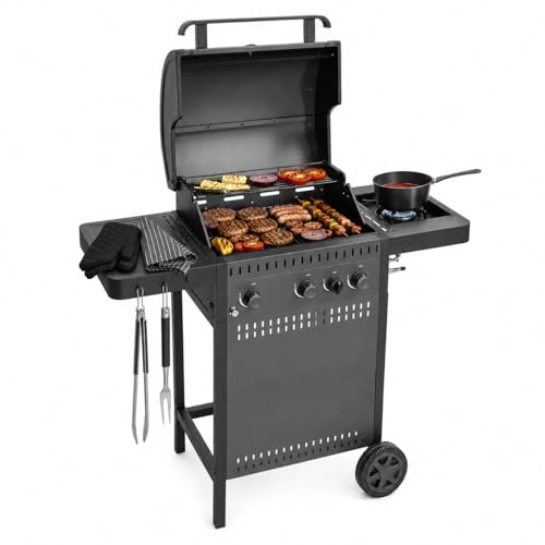 Amig - Barbecue à gaz IGNIS 3+1 (3 brûleurs + 1 latéral) - 117 x 55 x 110 cm - Surface de cuisson 54 x 38 cm - Avec thermomètre, tablettes latérales, roues et grille en fonte - Noir