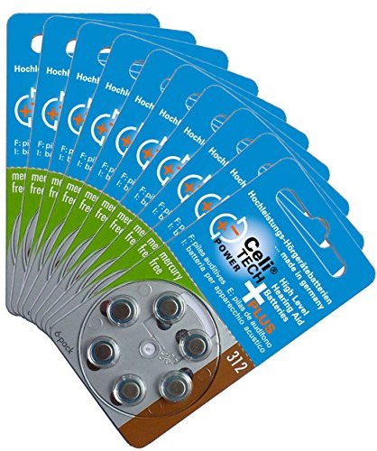 60 x Celitech Plus Hörgerätebatterien Größe 312 / BRAUN