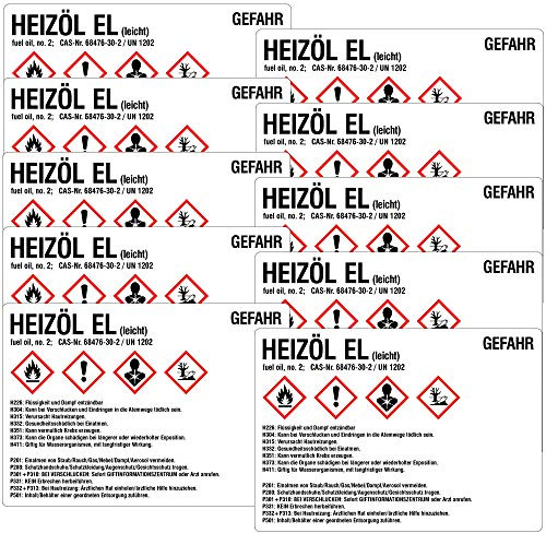 TE-Office 10 Stück GHS Gefahrstoff Gefahrstoffsymbole Etiketten Aufkleber Gefahrstoffkennzeichnung Heizöl EL Leicht Schild 105x74mm Mehrfarbig