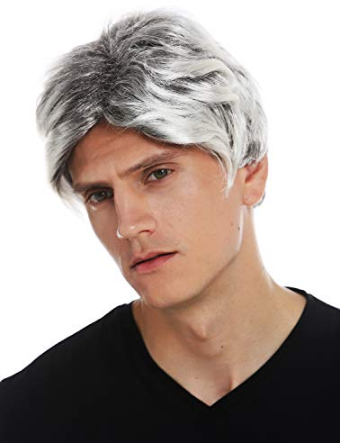 WIG ME UP - 31862-P1T615 Perücke Karneval Halloween Herren kurz wellig Schwarz Silber Platin Mix gesträhnt