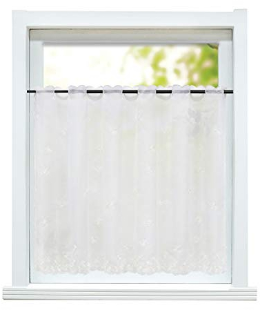 ESLIR Scheibengardine Landhaus Bistrogardine Küche Gardinen Transparent Vorhänge mit Stickerei Kurzgardine Bestickt Voile Blumen Weiß HxB 45x110cm 1 Stück