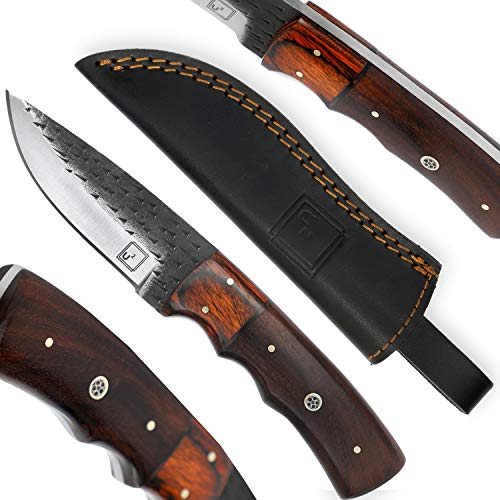 USQUARE UE-018, Cuchillo de Caza de 20,32 CM con Funda, Cuchillo de Hoja Fija, Cuchillo bushcraft de Acero 1095, Mango de Madera de Pakka y Nogal, Espiga Completa, para Caza y Camping