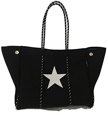 Dallas Hill Designs Große Tragetasche für Damen | Neopren Schultertasche | Reisen, Strand, Fitnessstudio Handtasche | Extra Tasche, Schwarz-weißer Stern, X-Large