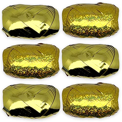 Set Ringelband Polyband Geschenk-Band Geschenkschleifen zum Basteln und Verpacken - glänzend & matt sortiert (Gold, 6 Rollen Geschenkband je 10m)