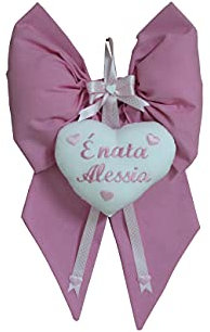 Fiocco Nascita personalizzato con il nome ricamato sul cuore Neo Mamma (bianco rosa)