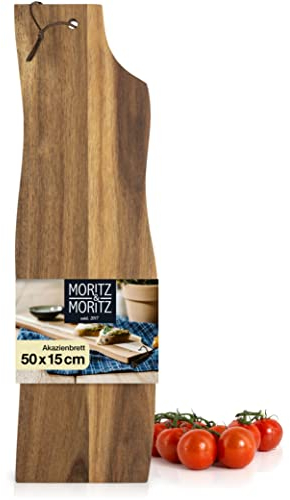 Moritz & Moritz Servierbrett Holz lang 50x15cm - Servierplatte groß aus massiver Akazie - Servierbrett Holz für Käseplatte - Holzbrett Küche langlebig, messerschonend, leicht zu reinigen
