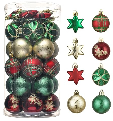 Valery Madelyn Christmas Baubles, 35pcs 5cm Country Red, Green & Gold Christmas Ball Ornaments for Tree Decorations