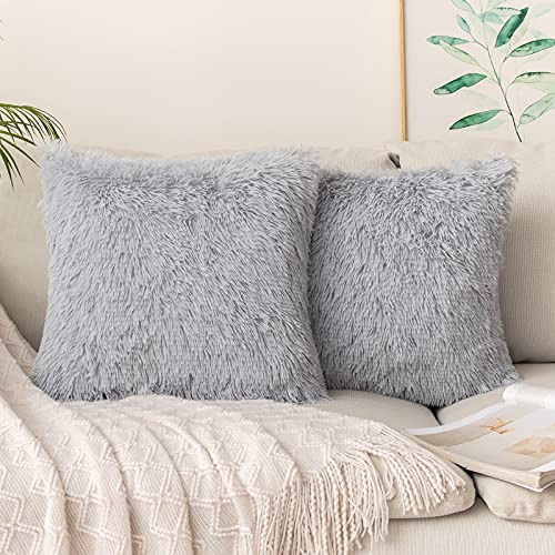 MIULEE Faux Fur Cushion Covers Fluffy Throw Pillow Case Soft Decorative Square Cute Pillow Plush Case For Livingroom Sofa Bedroom 20 x 20 Inch 50 x 50cm Grey-white Pack of 2