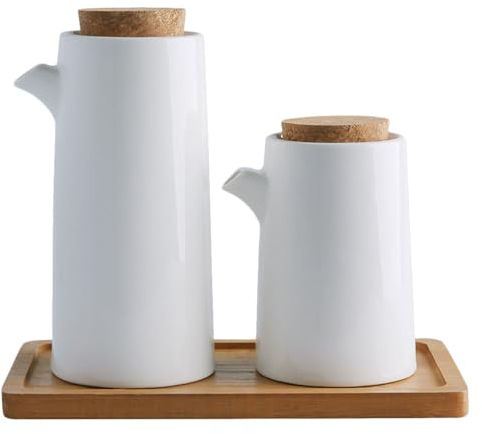 Housoutil Liquid Condiment Dispenser Ceramics,Oil and Vinegar Dispenser Set, White Ceramic Soy Sauce Dispenser, Ceramic Oil Dispenser of 2 with 20x16.5cm Tray