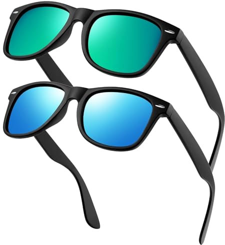 KANASTAL 2er Set Polarisiert Sonnenbrille Herren Damen Retro Rechteckig Sonnenbrille UV400 Schutz, Matt Schwarz Rahmen Grün Gläser und Matt Schwarz Rahmen Blau Gläser