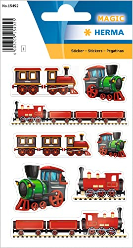 HERMA 15492 Aufkleber Züge klein groß, 8 Stück, Fahrzeuge Sticker mit Eisenbahn Lokomotive Motiv, Kinder Etiketten für Fotoalbum Tagebuch Poesiealbum Scrapbooking Geburtstag Deko Briefe DIY Basteln