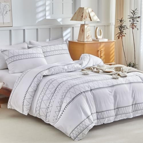 Tokokimo Housse de Couette 220x240 avec 2 Taies d'oreiller 65x65 cm - Design Bohémien - Parure de lit 220x240 Adulte - 100% Microfibre Housse Couette avec Fermetures éclair, Blanc