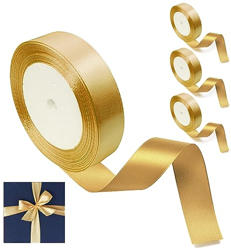 CoKeeSun 4 Rollen Geschenkband Rot 25mm x 92m Satinband Schleifenband Dekoband Stoffband für Geschenkverpackung, Bastelarbeiten, Geburtstag und Hochzeitsdekoration (Gold)