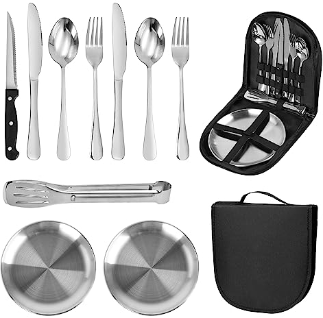 Juego de Cubiertos de Camping, Juego de Vajilla Portátil de Acero Inoxidable para 2 Personas, Cubiertos Viaje para Camping y Picnic, Kit Platos para Camping, Picnic, Viajes, Senderismo