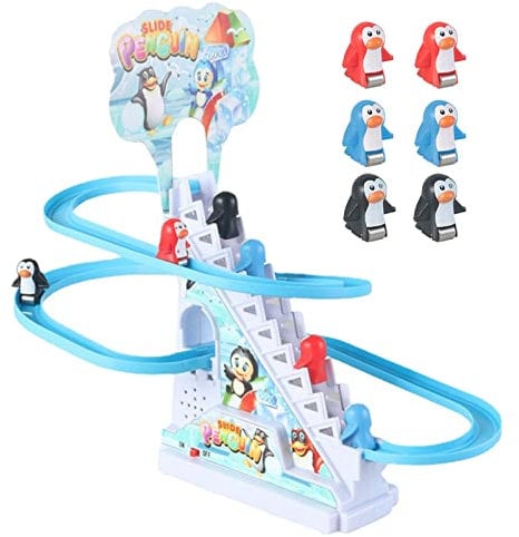 Perfeclan Pinguin-Rennstreckenspiel, kleine Pinguin-Spielzeugtreppe mit blinkenden Lichtern, unterhaltsames Rennstrecken-Spielset,