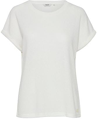 OXMO OXKATIE Damen T-Shirt Kurzarm Shirt locker gestrickets T-Shirt mit Rundhals Regular Fit, Größe:L, Farbe:Off White (114800)