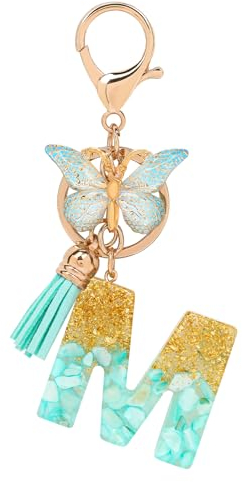MWOOT Letter M Keychain Initiale Buchstaben-Schlüsselanhänger,Alphabet Harz Blume Key Chain mit Schmetterling Quaste Anhänger Handtasche Geldbörse Charm,Rosa Blütenblatt Keyring für Frauen(M)
