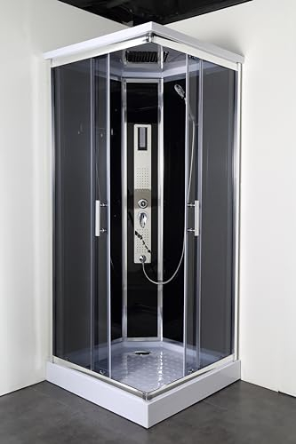 Cabine de douche complète Trend 2 noire – 90 x 90 x 215 cm – Avec radio, Bluetooth et haut-parleur, verre de sécurité, douche complète, avec receveur de douche, cabine de douche complète