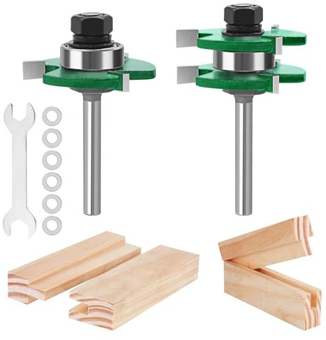 TOTOWOOD Pro Tongue and Groove Router Bit Set of 2 Pieces 1/4 Inch Shank , 3 Teeth Adjustable T Shape Wood Milling Cutter