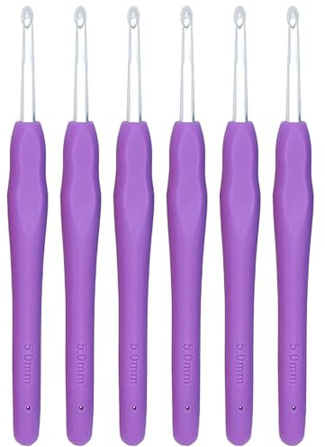 XIWENQUKU 6Pcs 5mm Aluminum Soft Grip Rubber Ergonomic Handle Crochet Hook Knitting Needles US Size H (Size 8) for DIY Yarn Craft,Nice Gift for Women Adults Kids Children Beginners (Purple)