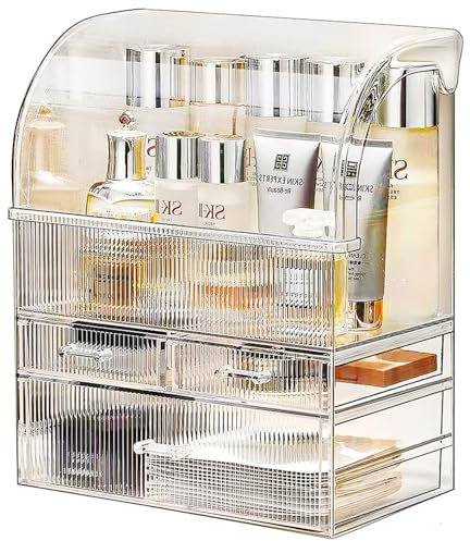 Suyoo Make-up-Organizer, groß, Acryl, Kosmetik-Organizer, Hautpflege-Vitrine mit wasserdichter, staubdichter Abdeckung für Schlafzimmer, Badezimmer, Schreibtisch (gestreift, XL)