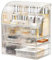 Suyoo Make-up-Organizer, groß, Acryl, Kosmetik-Organizer, Hautpflege-Vitrine mit wasserdichter, staubdichter Abdeckung für Schlafzimmer, Badezimmer, Schreibtisch (gestreift, XL)