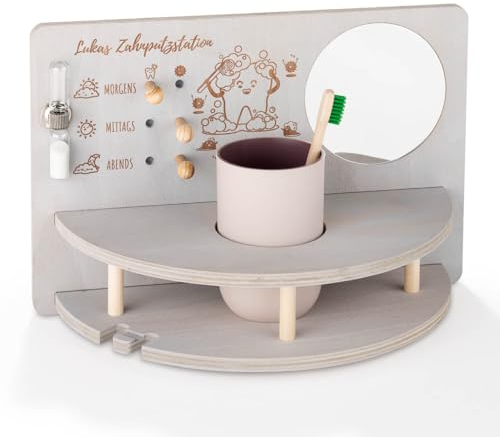 INEXTERIOR – ZahnZauber Zahnputzstation für Kinder Grau personalisierbar - Zahnputz Aufbewahrungsstation für selbstständiges Zähneputzen - Mit Zahnputzbecher, Sanduhr, Handtuchhalter & Spiegel