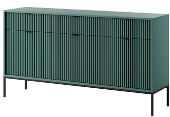 BETTSO - Nova KSZ-154 - Kommode - Schminktisch - Komodenschrank - 83 cm hoch, 154 breit - 3 Schubladen, Geriffelt - für Wohnzimmer - Modern, Glamour - Grün - mit schwarzen Griffen und Beinen