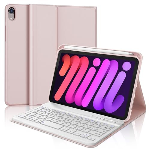 Keyboard Case for iPad mini 7th Gen(A17 Pro, 2024) & 6th Gen(2021) 8.3, UK Layout Wireless Bluetooth Keyboard, Slim Cover with Pencil holder for iPad mini 7th/6th Generation 8.3 inch, Pink