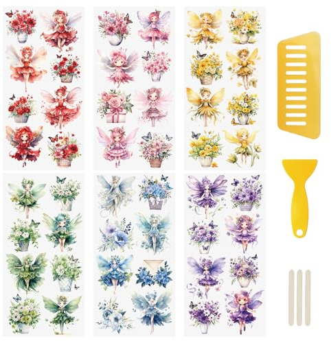 WANDIC 6 Bogen Rub on Transfer Stickers, Fee Aufkleber Wand mit Glitzer Elfen Europäischer Stil, Wasserdicht, Handarbeiten, Möbel, DIY Kunsthandwerk, Dekorieren für Fotoalbum und Scrapbook, 15 x 30 cm