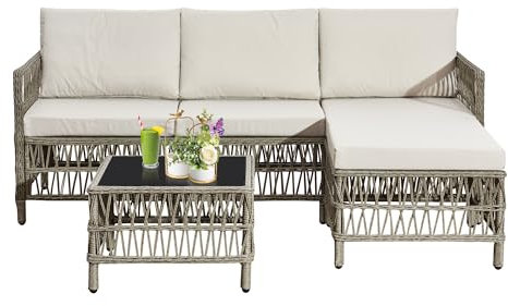 Acorn Living 4 Seater Rattan Garden Furniture Set, Outdoor Rattan Conversation Sectional L-Shaped Sofa with 4 Seater for Backyard, Porch, with Cushions and Coffee Table – Beige