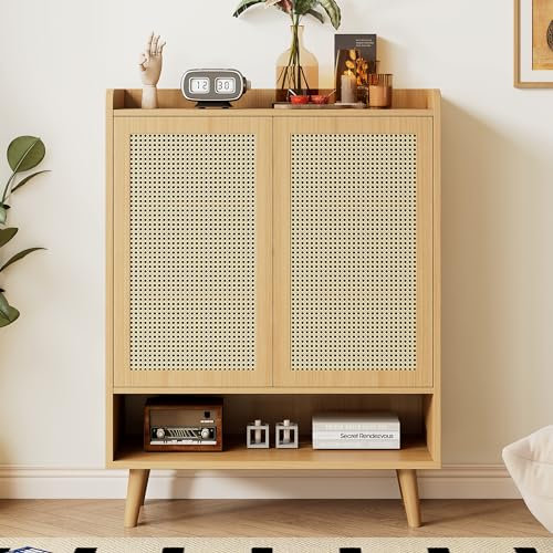 Lexiou Schuhschrank aus natürlichem Rattan, Schuhkommode Schuhregal mit 2 Türen und 5 Regalböden, für den Flur. Mit Holzgriffen und Massivholzbeinen.