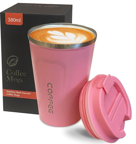 YINBAOGE Taza de café de viaje aislada, a prueba de derrames y fugas, vaso de café portátil de acero inoxidable, taza de café térmica reutilizable con tapa para bebidas calientes y frías (2ª rosa, 12